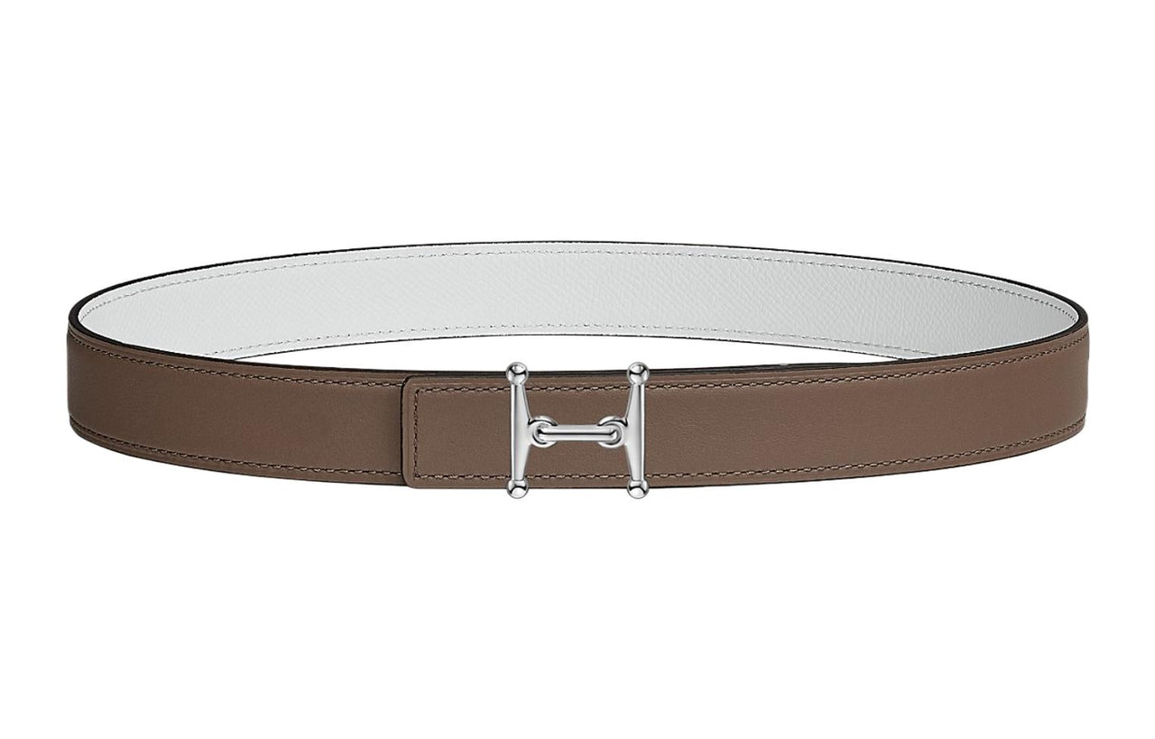 HERMES Mors H Silver Buckle Epsom Calfskin Double-Sided Leather Belt Women's Elephant Gray/White Width: 2.4cm