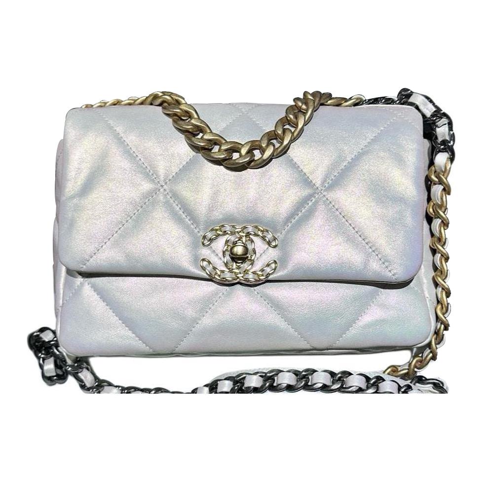 CHANEL 19Bag Calfskin Shoulder Bag Crossbody Bag Small Size Women's White Iridescent Pearl Mermaid Color