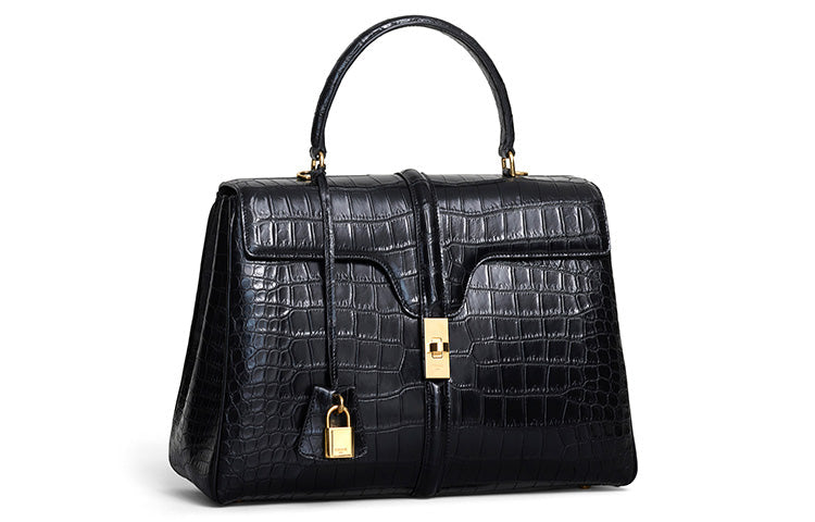 CELINE 16 Crocodile Leather Shoulder Bag Crossbody Bag Handbag Large Size Women's Black