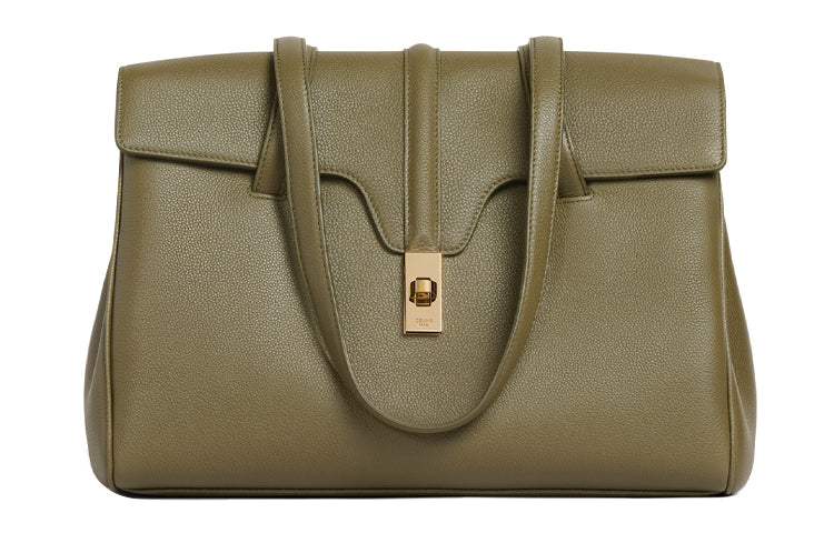 CELINE 16 Cow Leather Textile Handbag Shoulder Bag Medium Size Women's Candy Color Olive Green