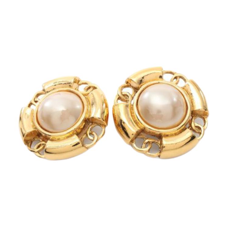 CHANEL 1990s CC embellished Faux pearl Clip on Earrings