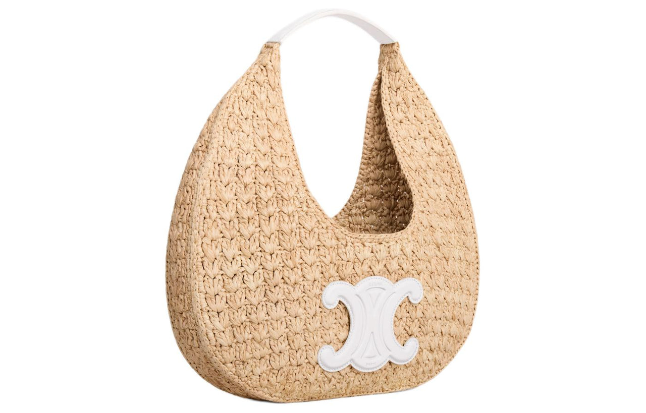 CELINE Classic Panier Series Plant Material With Cow Leather Hobo Bag, Handbag Women's Natural Color & White