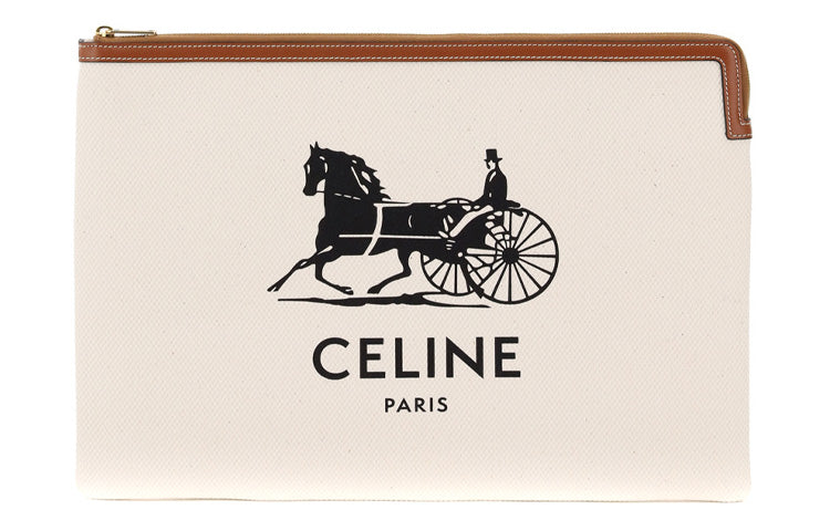CELINE Cow Leather Canvas Clutch Tubas Women's White