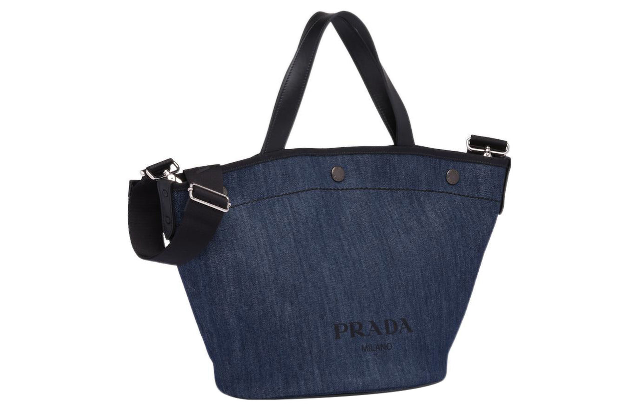 PRADA Denim With Leather Tote Bag Shopping Bag Shoulder Bag Crossbody Bag Handbag Small Size Women's Marine Blue/Black