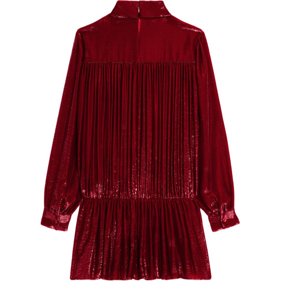 CELINE Gathered Mini Dress In Flowing Velvet Lamé Rouge Theatre Long Sleeved Dress Women's Red