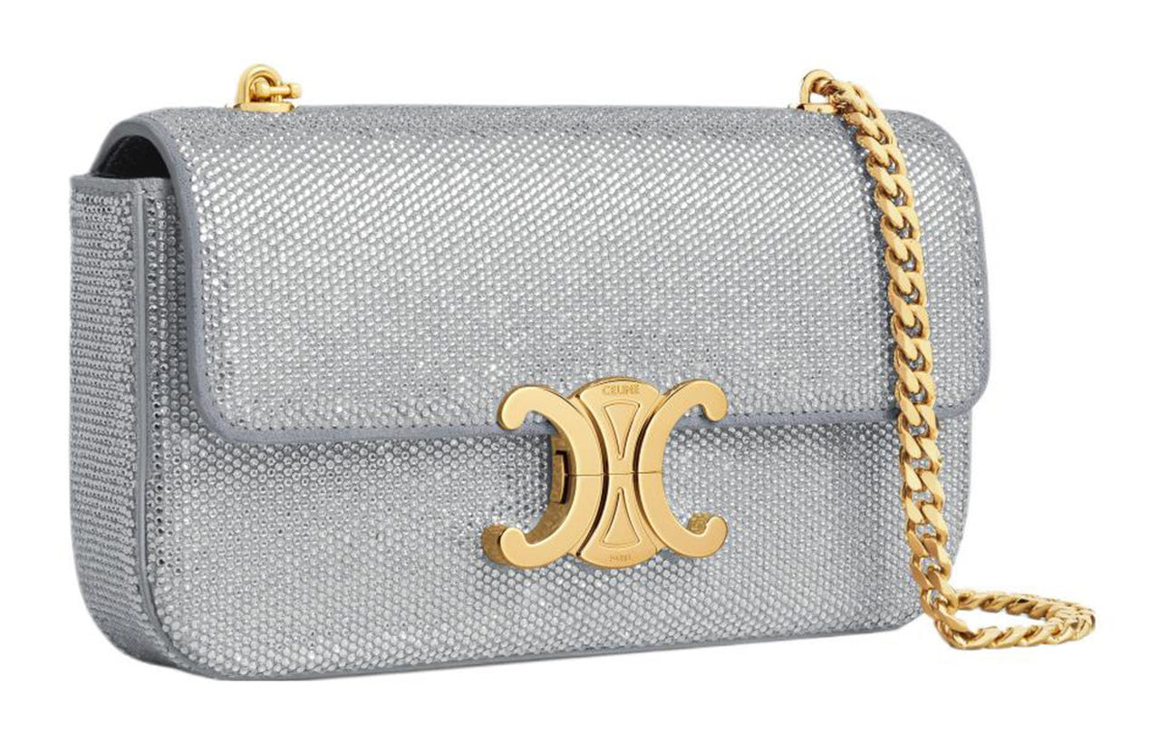 CELINE Diamond Adorned Cow Leather Suede Crossbody Bag, Shoulder Bag Women's Silver