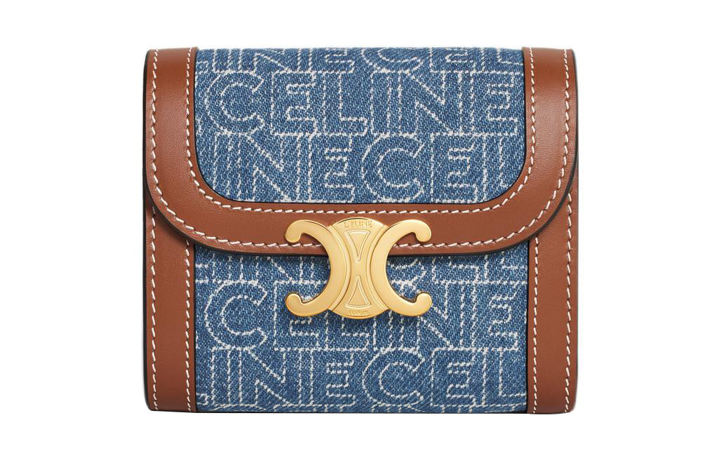 CELINE Denim With Calfskin Trim Wallet Small Size Women's Marine Blue/Brown