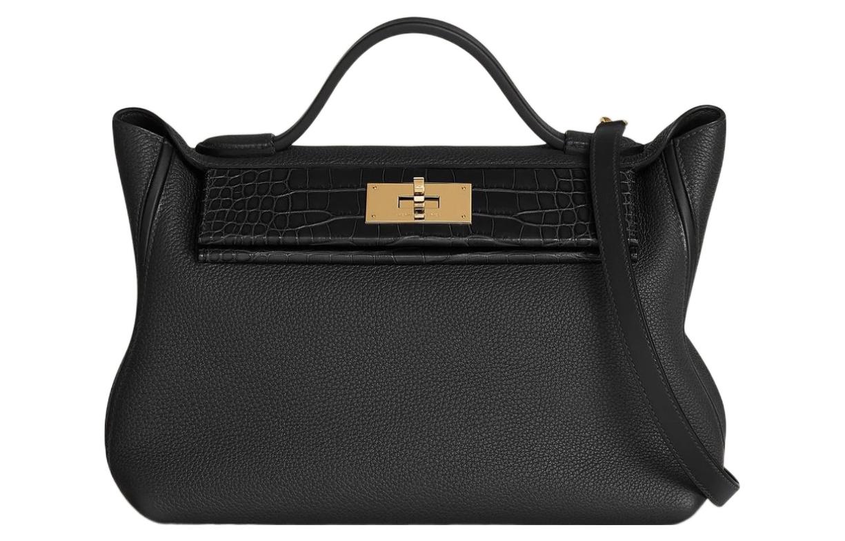HERMES 24/24 Crocodile Leather With Togo Calfskin Overlay Shoulder Bag Crossbody Bag Handbag Mini Women's Black