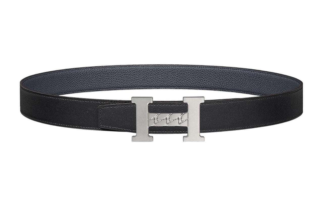 HERMES 5382 Gourmette Silver Buckle Togo Calfskin Double-Sided Leather Belt Unisex Black Width: 3.2cm