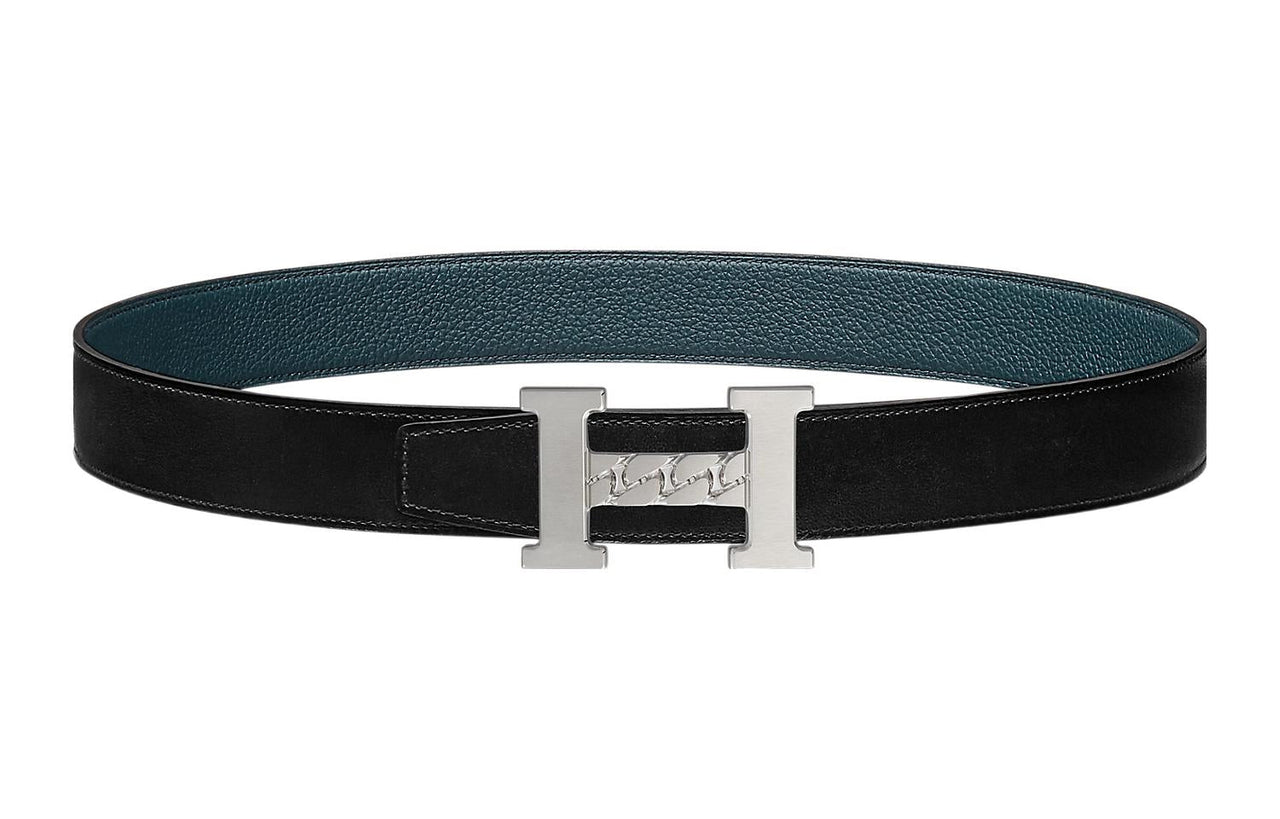 HERMES 5382 Gourmette Silver Buckle Togo Calfskin Double-Sided Leather Belt Unisex Black/Prussian Blue Width: 3.2cm