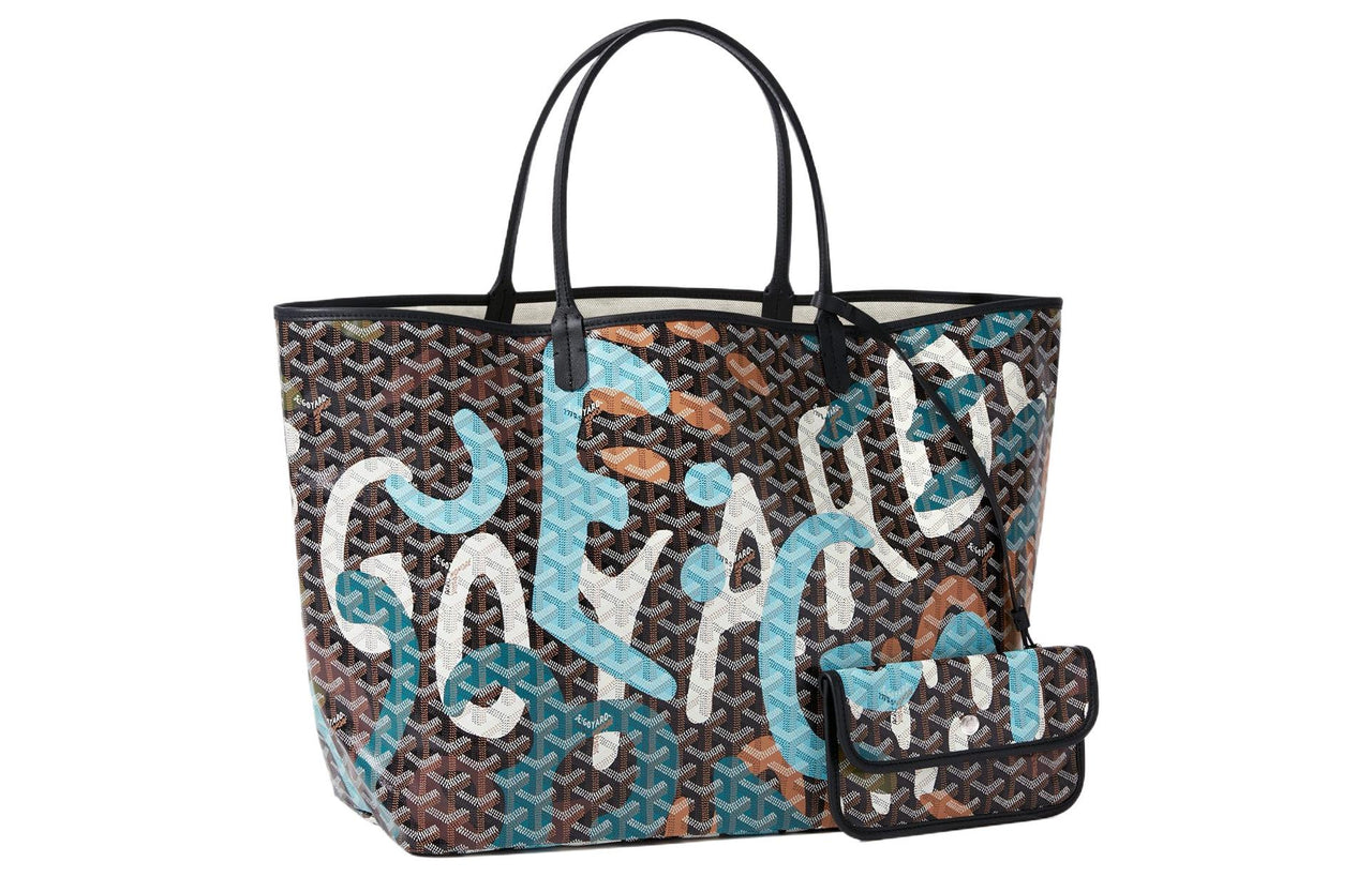 GOYARD Saint Louis Canvas With Leather Tote Bag Shopping Bag Shoulder Bag Handbag Large Size Unisex Black/Blue