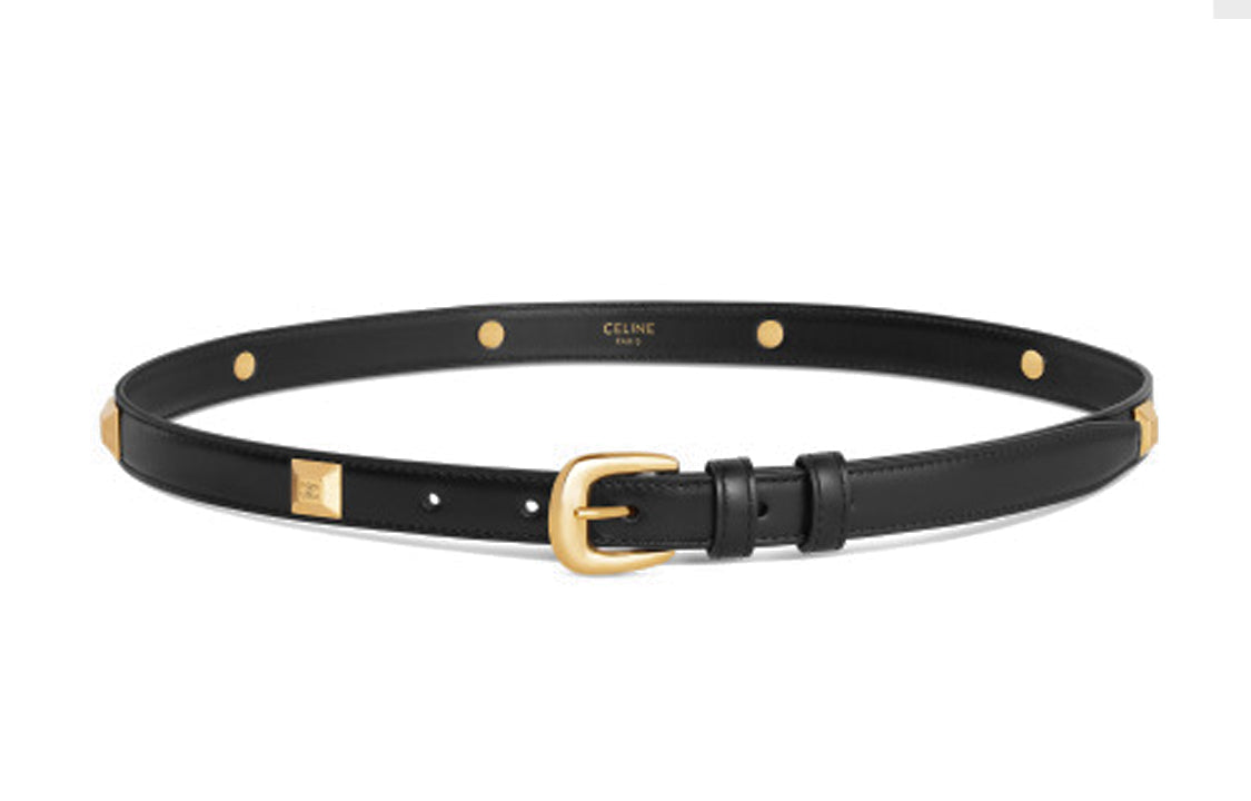 CELINE Engraved TRIOMPHE Word Pyramid-Shaped Decorative Stud Pin Buckle Leather Belts Women's Black