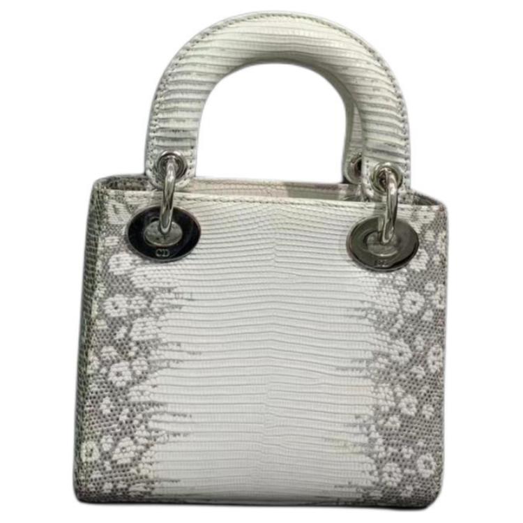 DIOR Lady Dior Lizard Skin Shoulder Bag Crossbody Bag Handbag Mini Women's Gray/Milk White