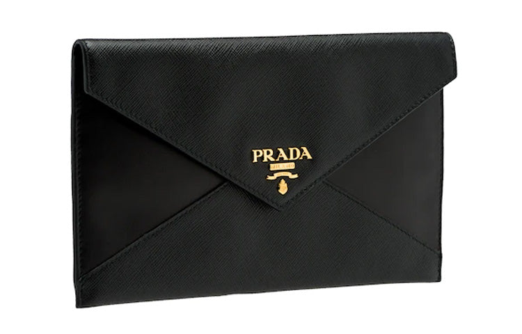PRADA Cow Leather Envelope Bag Wallet Card Holder Clutch Women's Black