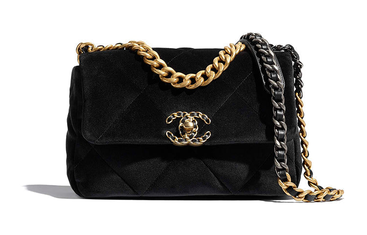 CHANEL 19Bag Laced Velvet Shoulder Bag Crossbody Bag Small Size Women's Black