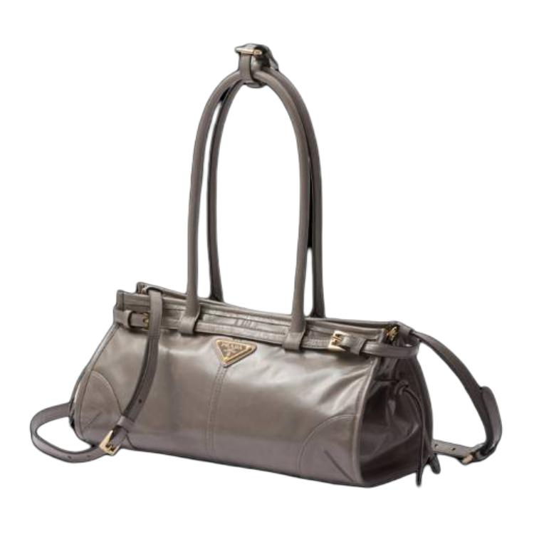 PRADA Calfskin Shoulder Bag Medium Size Women's Asphalt Gray