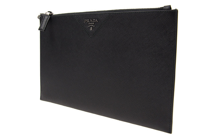 PRADA Cow Leather Clutch Briefcase Men's Black