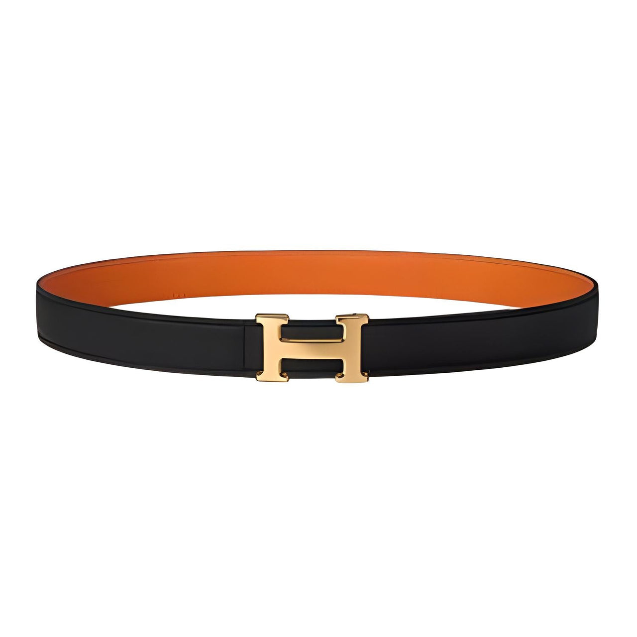 HERMES Badge Design Calfskin Leather Belts Men's Orange/Color Image/Gold Width 2.4cm