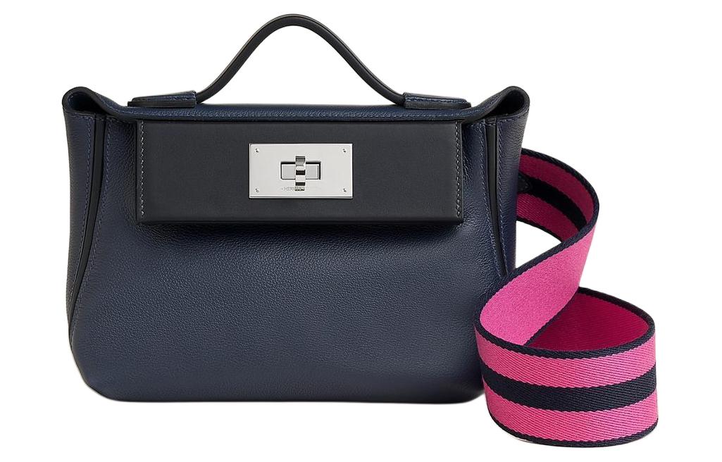 HERMES 24/24 Evercolor Leather With Swift Calfskin One Shoulder Handbag Crossbody Bag Mini Women's Dark Blue/Black/Pink