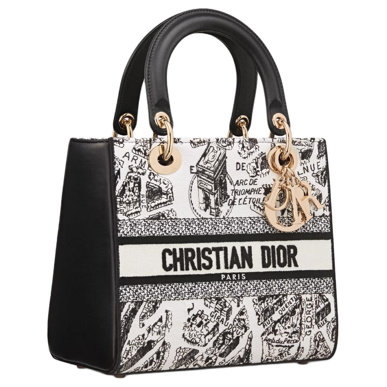 DIOR Lady D Lite Fabric One Shoulder Handbags Medium Size Women's Black & White