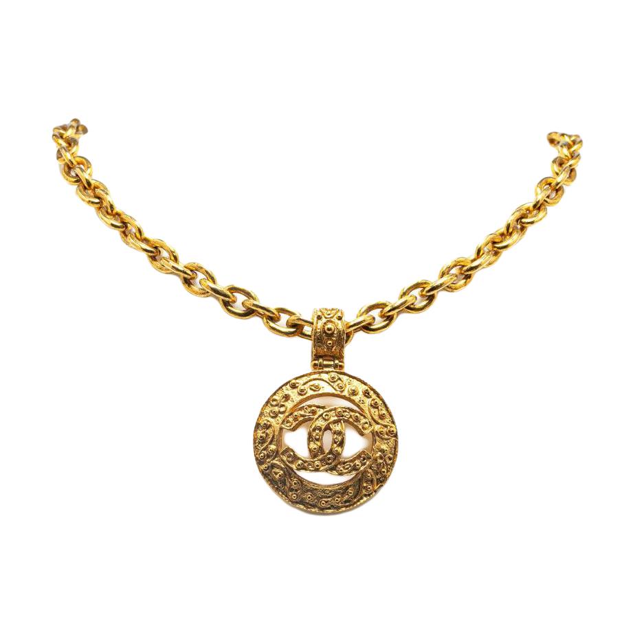 CHANEL 1994 Plated Cc Round Pendant Costume Necklace