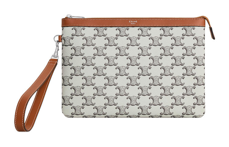 CELINE Canvas-paneled Calfskin Trim Canvas Bag Clutches Regular Women's Tan/Beige