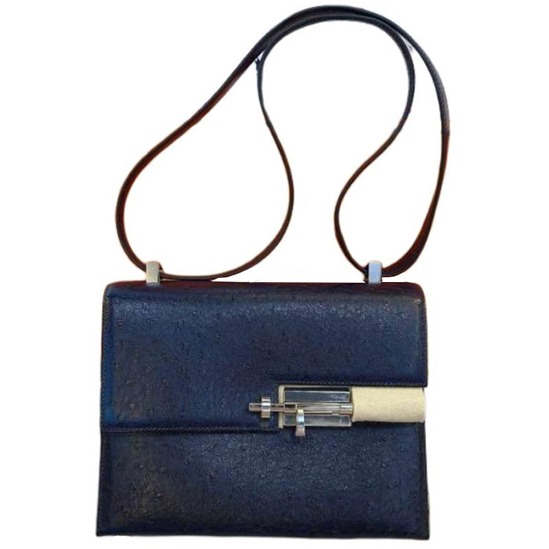 HERMES Verrou Ostrich Leather Shoulder Bag Crossbody Bag Women's Blue