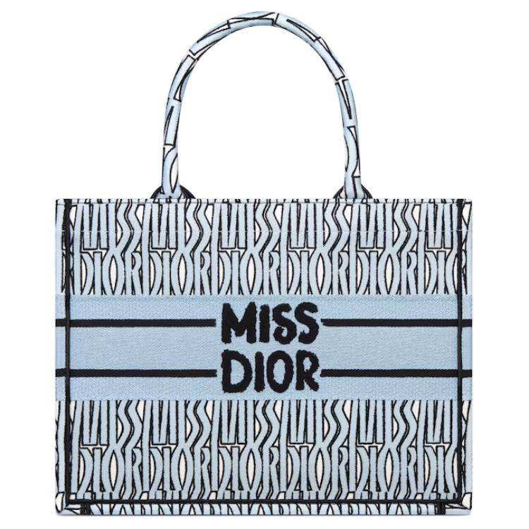 DIOR BookTote Embroidery Tote Bag Shopping Bag Handbag Medium Size Women's Light Blue & Black