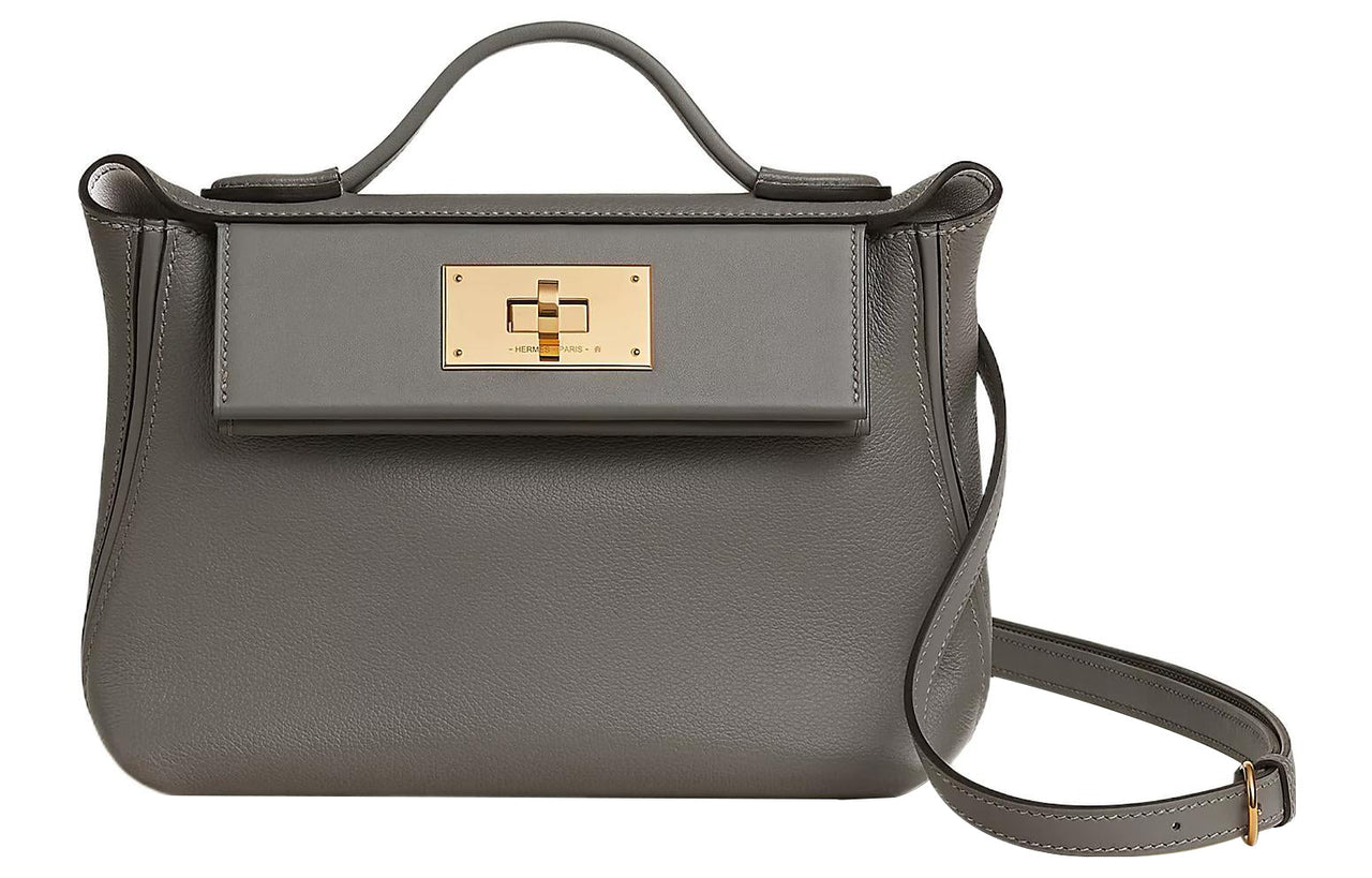 HERMES 24/24 Evercolor With Swift Calfskin Shoulder Bag Women's Cumulus Cloud Gray With Light Tea Brown