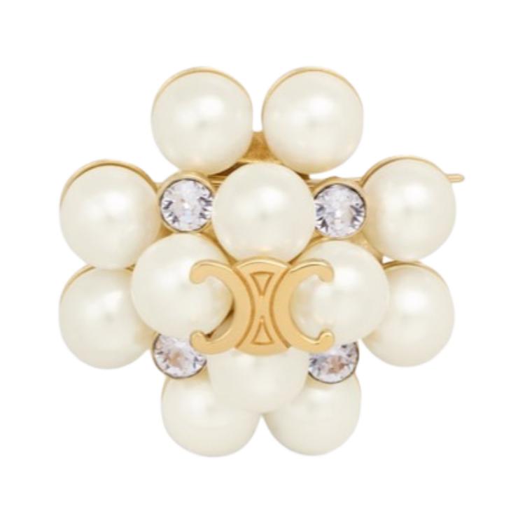 CELINE Brass Rhinestone Resin Pearl Gold Plated Steel Brooches Women's White