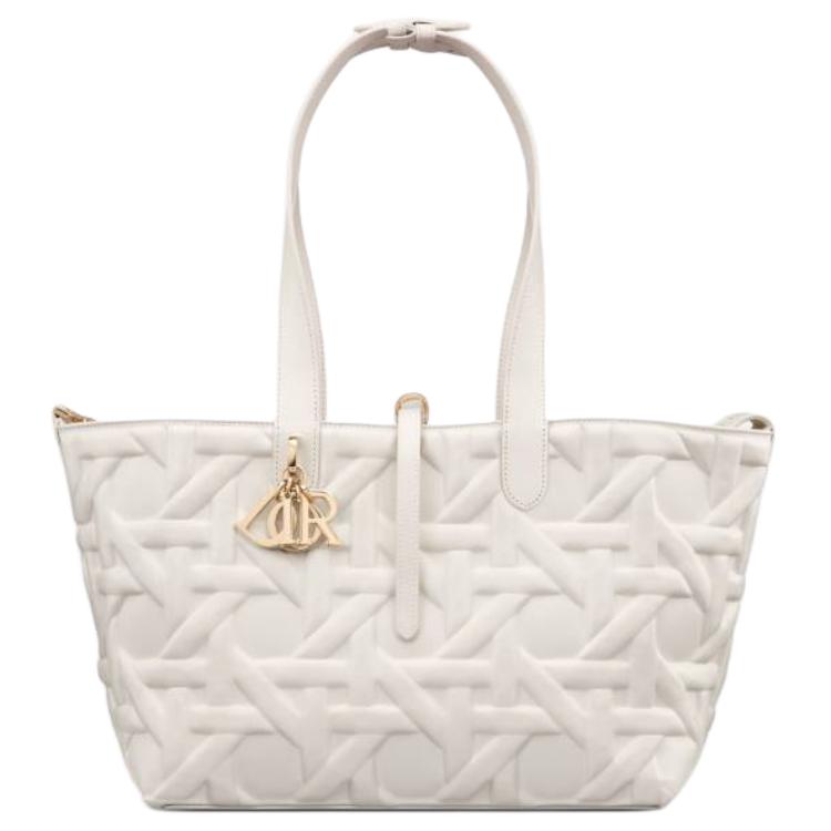 DIOR Calfskin Tote Bag Shopping Bag Shoulder Bag Handbag Medium Size Women's White