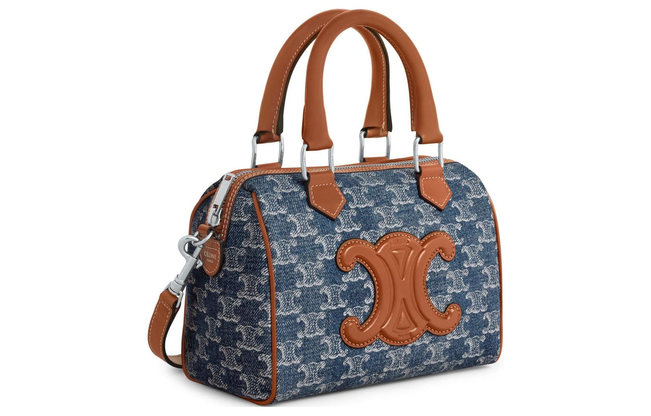 CELINE Denim With Leather Boston Bag Shoulder Bag Crossbody Bag Handbag Women's Blue