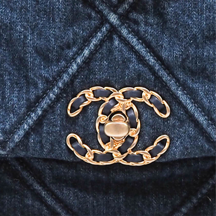 CHANEL 19Bag Denim Mouth Cover Bag Messenger Bag Crossbody Bag Large Size Women's Blue