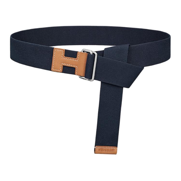 HERMES Badge Design Cow Leather Leather Belts Men's Blue Width: 4CM