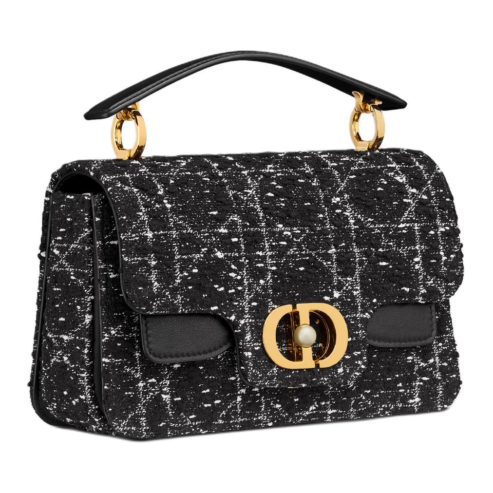 DIOR Cotton With Cow Leather Patchwork Shoulder Bag Crossbody Bag Handbag Small Size Women's Black