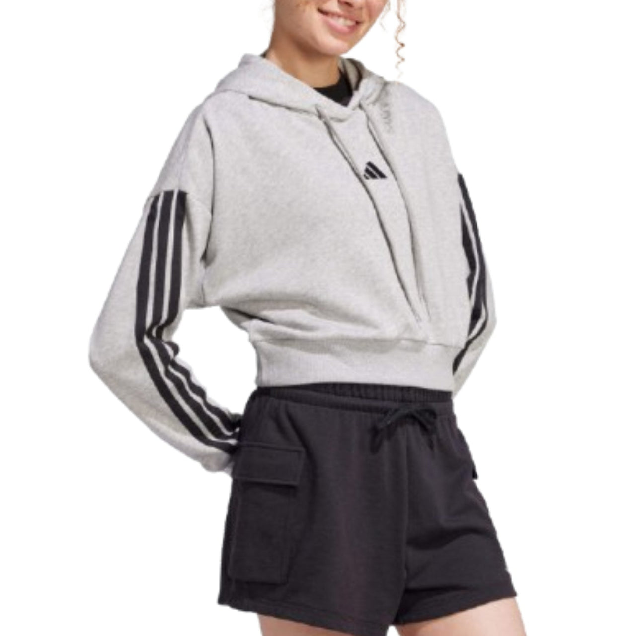 (WMNS) adidas Essentials 3-Stripes French Terry Crop Hoodie Asia Sizing 'Grey Black' JE0019