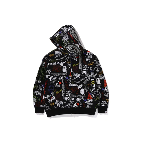 A Bathing Ape Hand Draw Pattern Shark Zip Hoodie 'Black' 001ZPK301303MBLK
