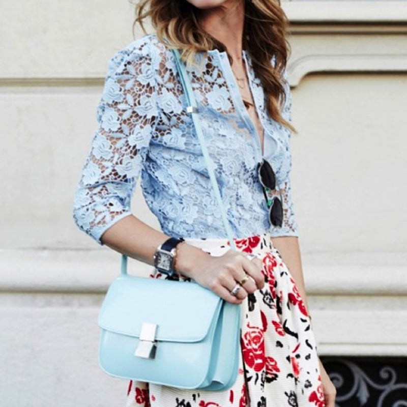 CELINE Classic Bo Cow Leather Tofu Bag Block Shoulder Bag Crossbody Bag Medium Size Women's Light Blue