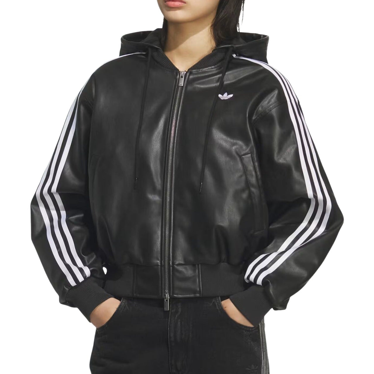 (WMNS) adidas Double Leather Jacket Asia Sizing 'Black' KU6857
