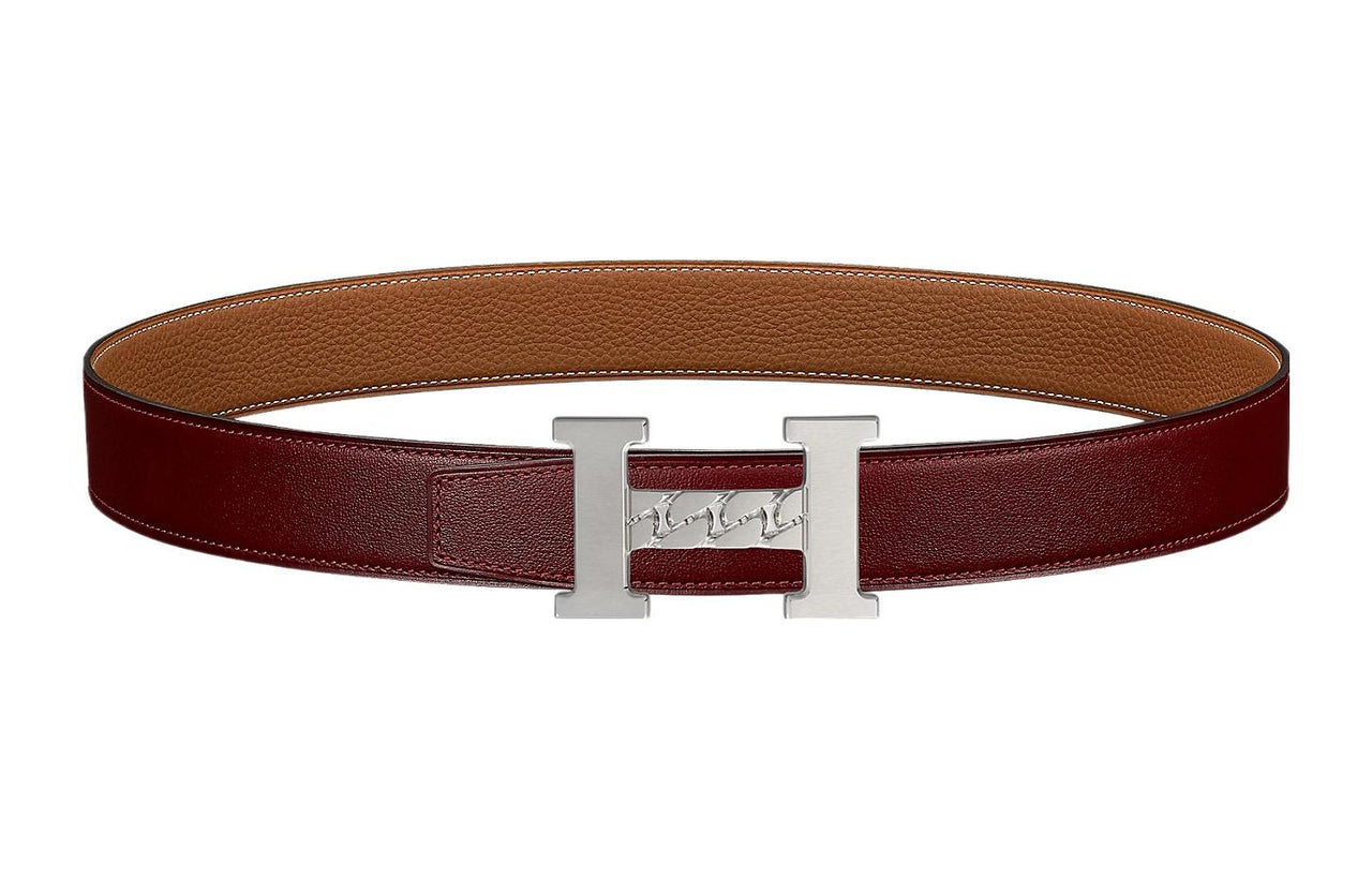 HERMES 5382 Gourmette Silver Buckle Togo Calfskin Double-Sided Leather Belt Unisex Hermes Red/Gold Width: 3.2cm