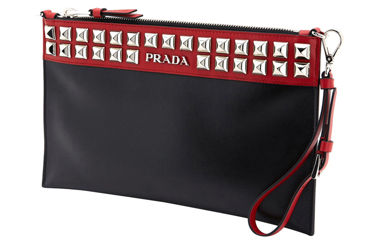 PRADA Cow Leather Clutch Regular Women's Black Red Multicolor