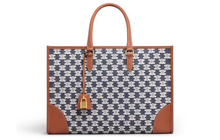 CELINE Cow Leather Textile Tote Bag Shopping Bag Handbag Shoulder Bag Unisex Marine Blue