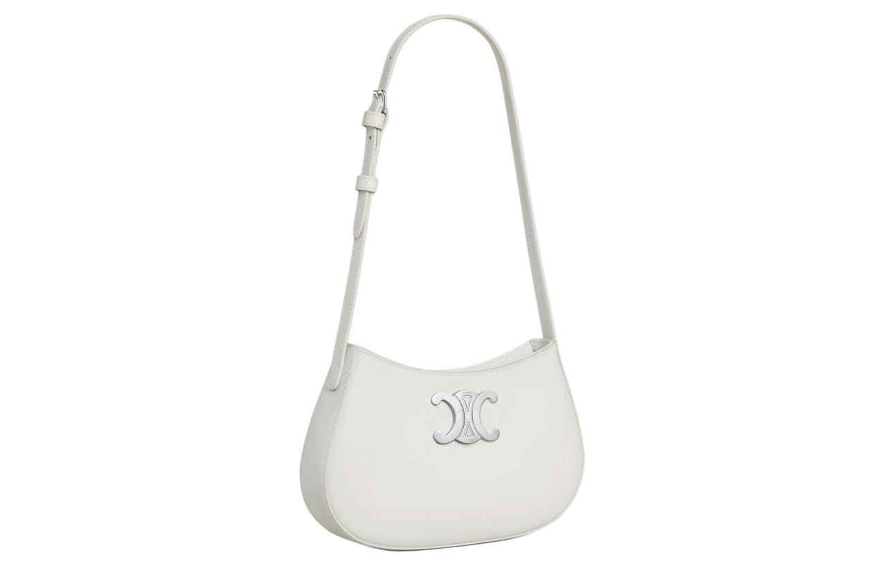 CELINE Cow Leather Handbag Shoulder Bag Women's White