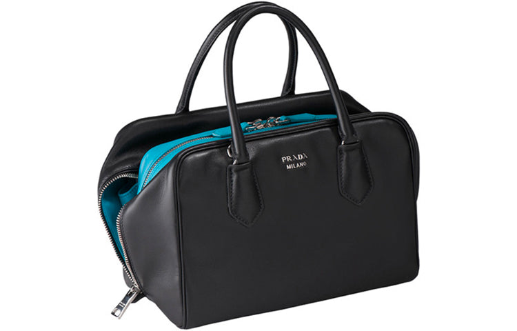 PRADA Cow Leather Handbag Women's Black Blue