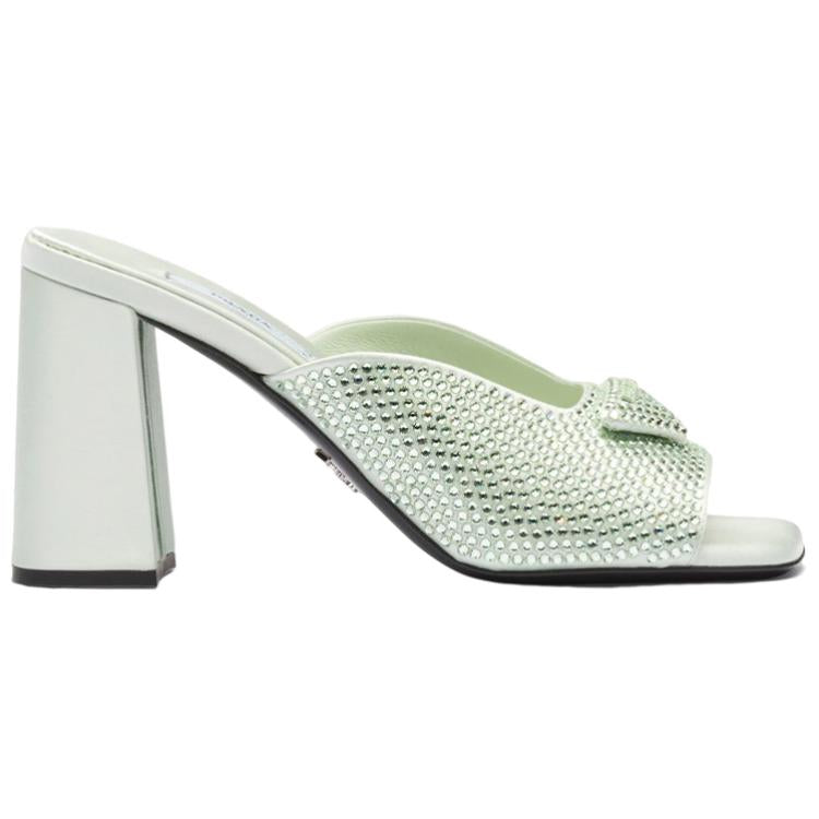 PRADA Crystal-studded High-heeled Satin Slides