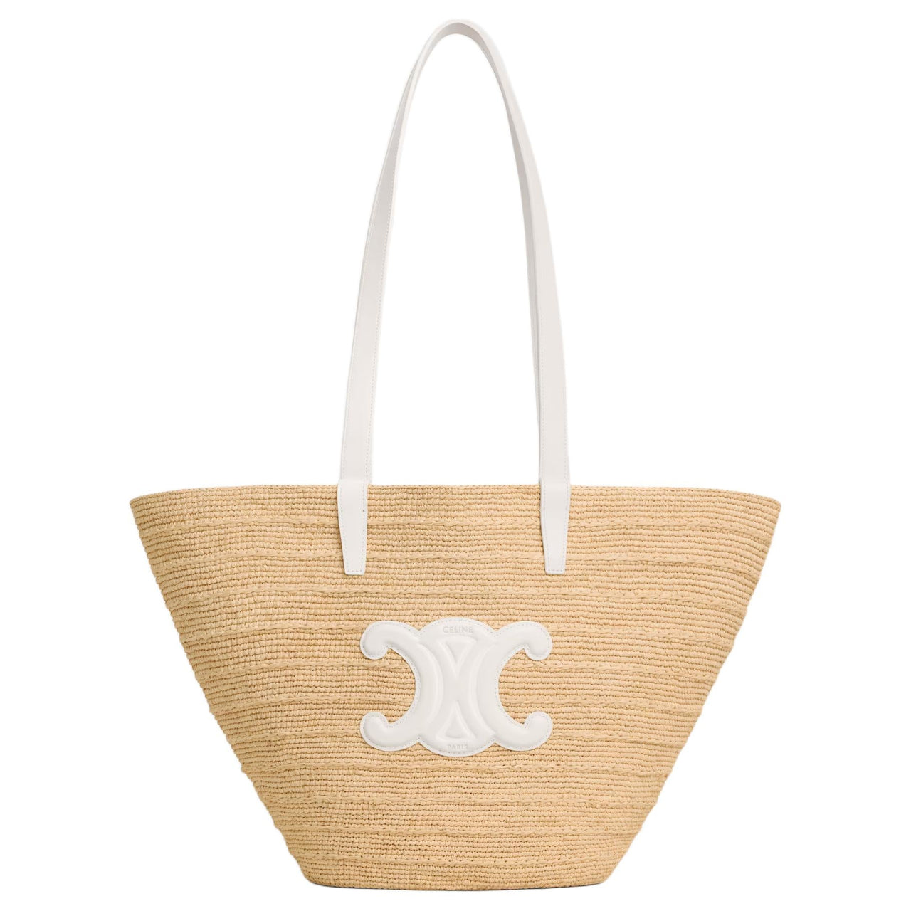 CELINE Classic Panier Series Raffia Shoulder Bag Medium Size Women's Beige & White