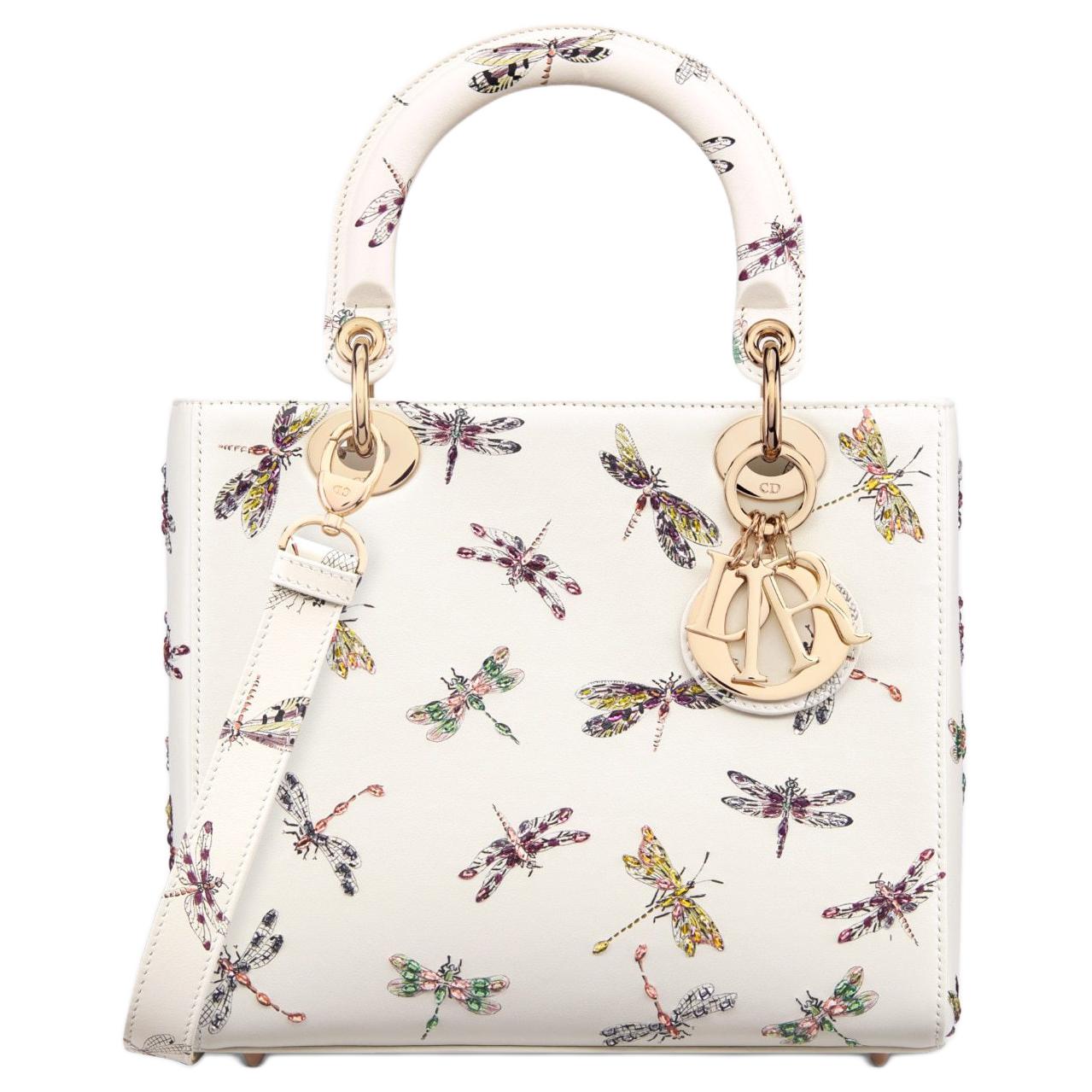 DIOR Lady Dior Calfskin Shoulder Bag Crossbody Bag Handbag Medium Size Women's Milk White