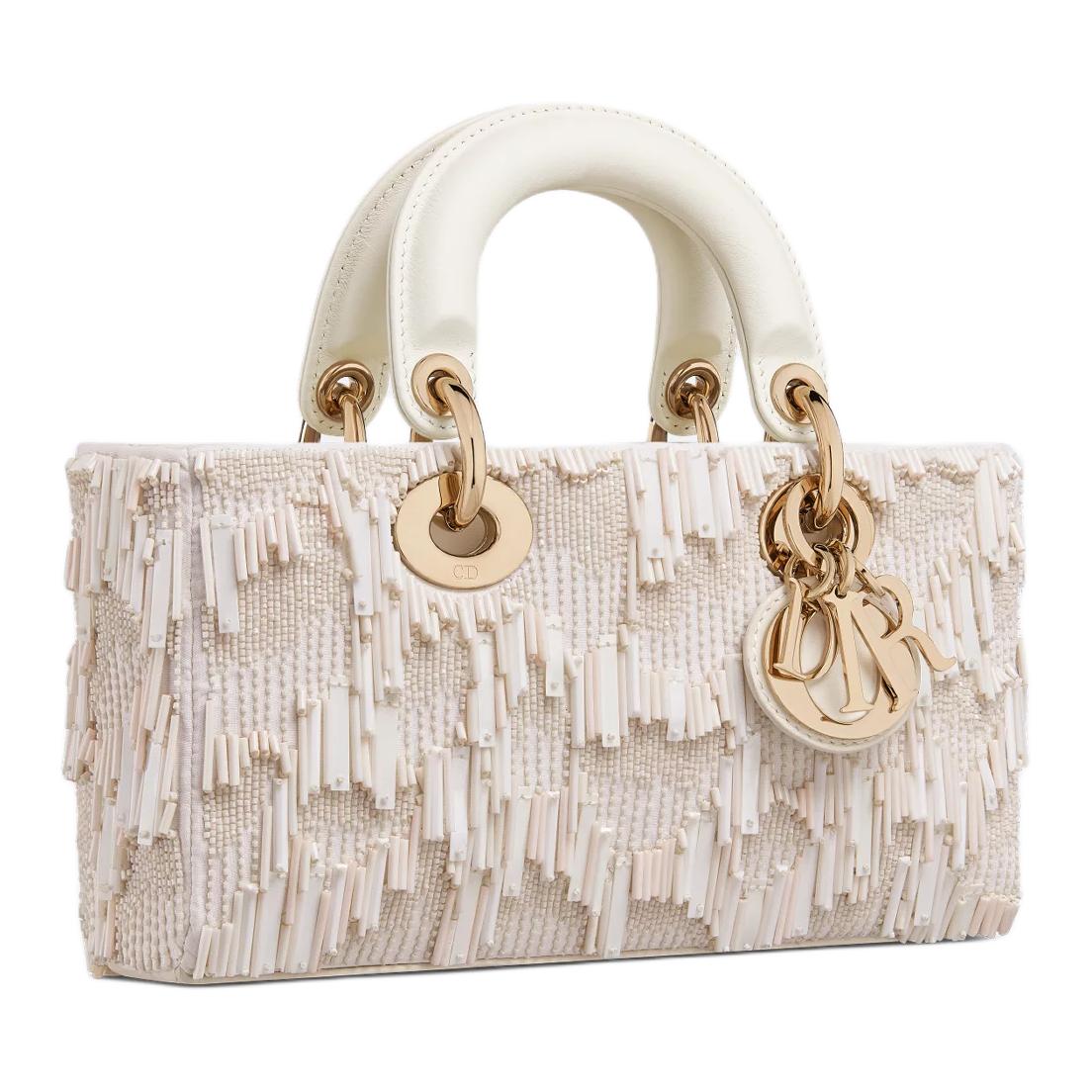 DIOR Lady D-JOY Cow Leather Shoulder Bag Crossbody Bag Handbag Small Size Women's Milk White