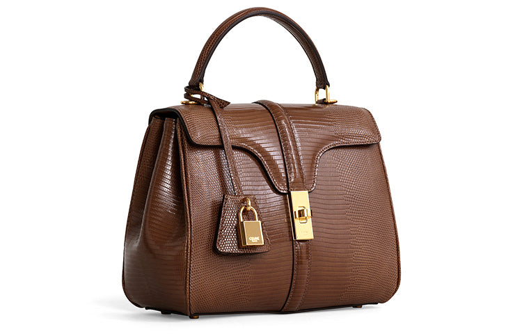 CELINE 16 Lizard Skin Handbag Small Size Women's Camel Brown