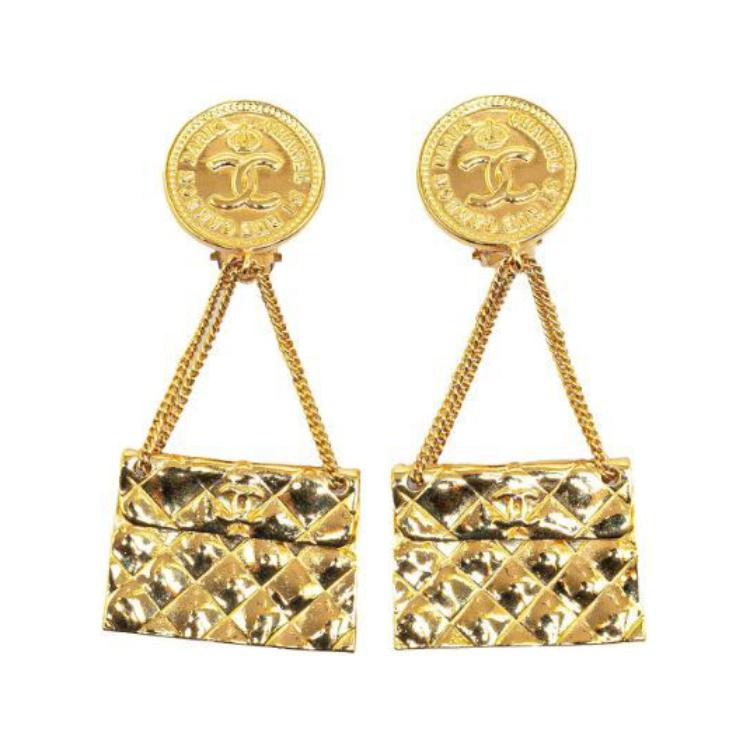 CHANEL 1995 Plated Cc 2.55 Flap Bag Clip On Costume Earrings